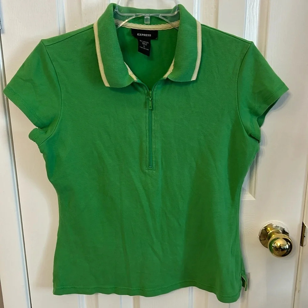 Express Women’s (L) Green Y2K Half Zip Collar Tennis Sporty Stretch Top